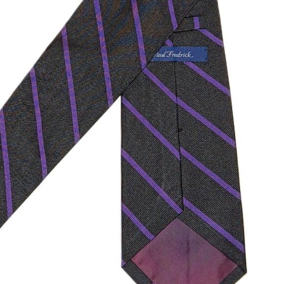Paul Fredrick Silk Repp Tie Men’s 57” Black Purple Striped Designer Wide Tie New - Picture 4 of 4